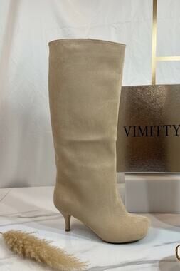 Vimitty Cream Faux Suede Knee High Boots Slouchy Square Toe Size 38 (U.S. 7.5)